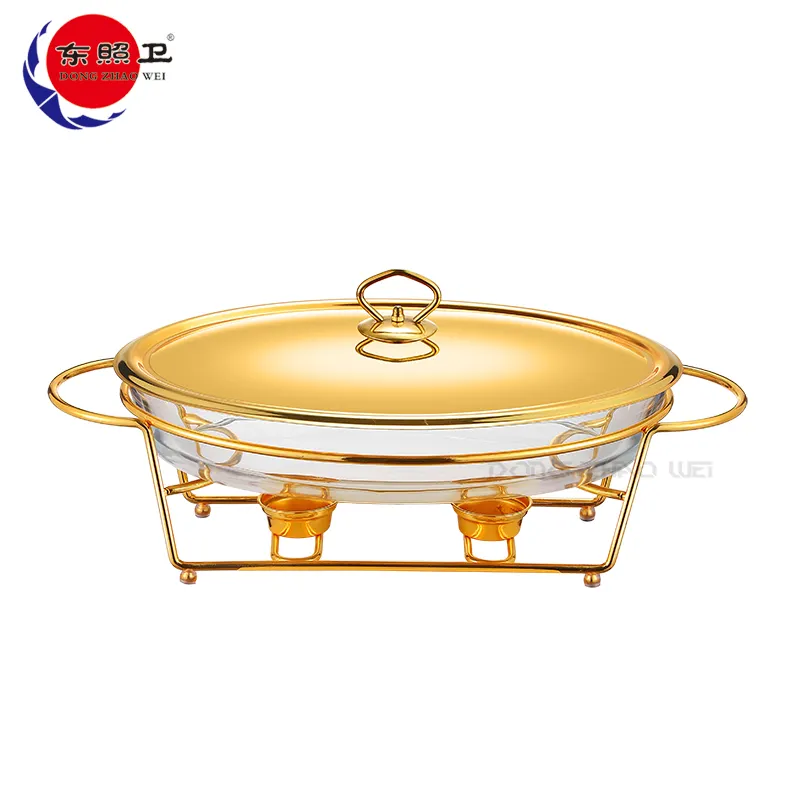 Oval Gold Chafing Dishes Buffet Suppen töpfe Heizung Catering-Ausrüstung Glas Food Warmer Auflauf Suppen töpfe mit Ständer und Deckel