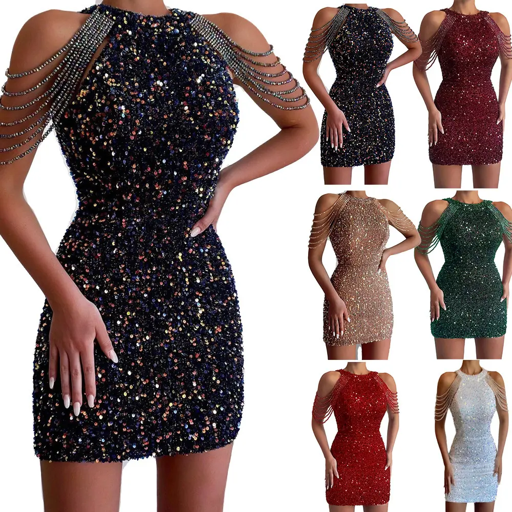 GDTEX Custom Mini Party Dress Crew-neck Sexy Halter Off-shoulder Corset Tassel Sequins Crystal Women Buttocks Short Prom Dress