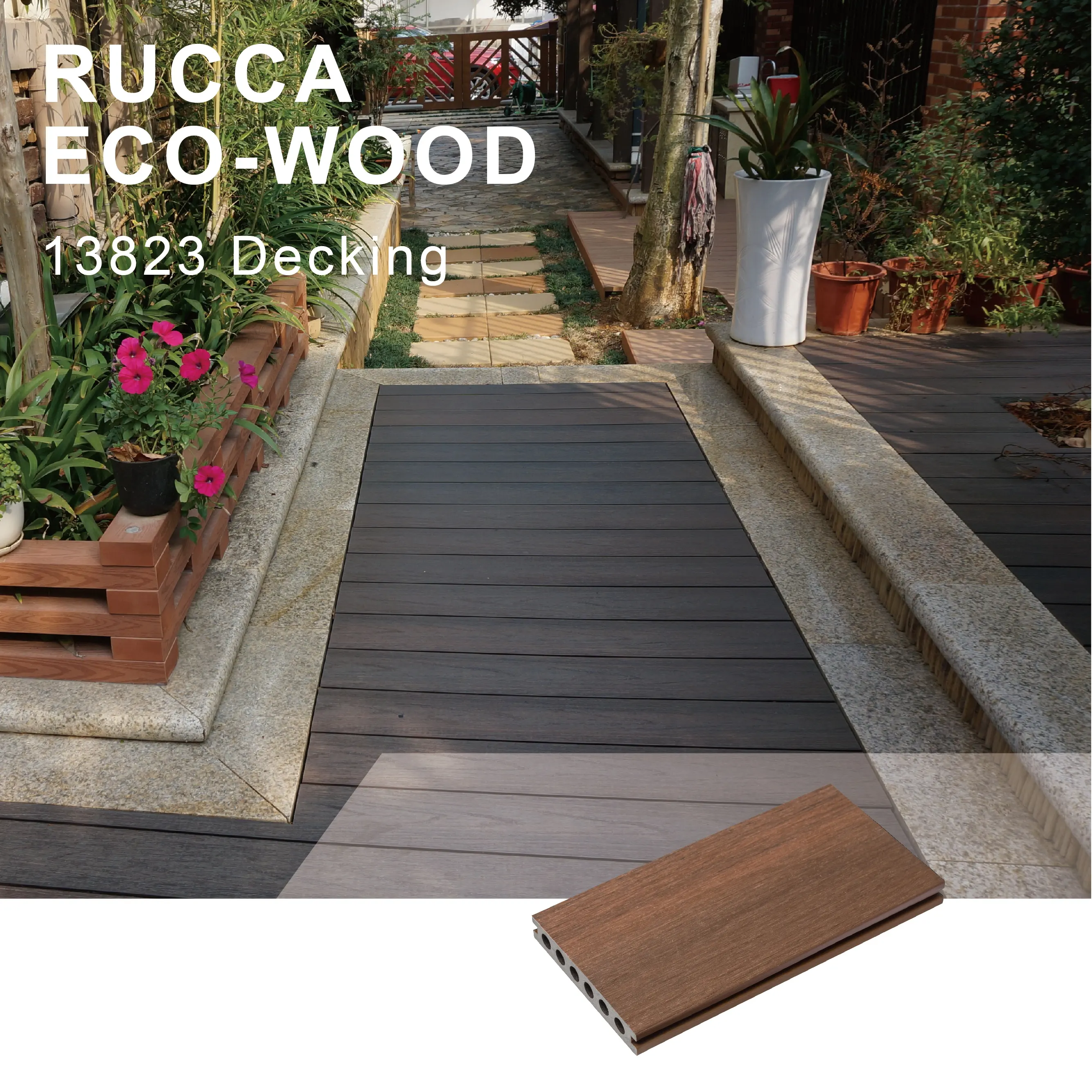 Rucca-extrusión de compuesto de plástico WPC para exteriores, suelo impermeable de ingeniería, 138x23mm