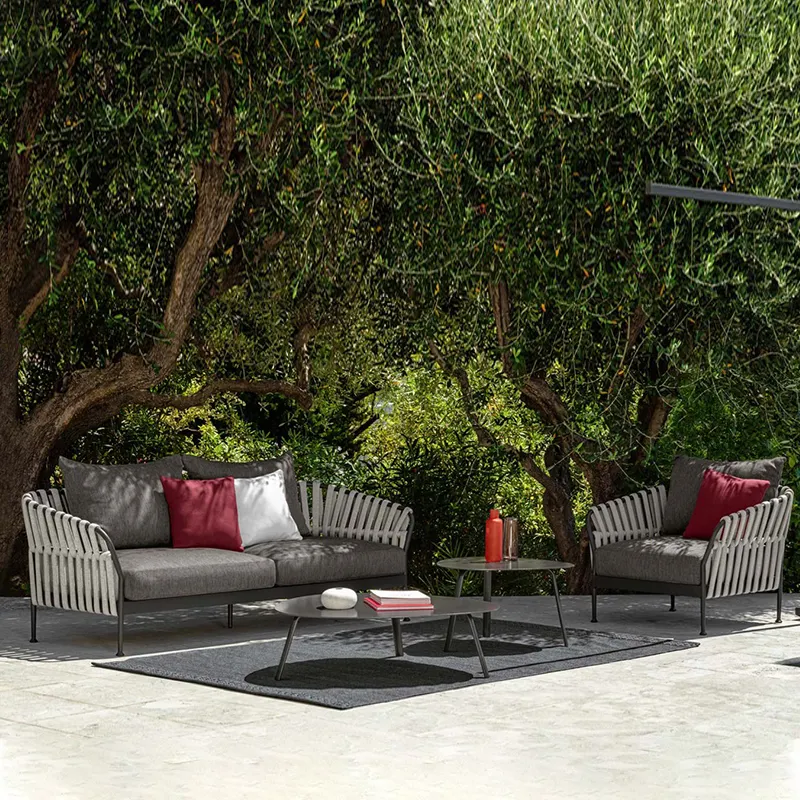 Juecheng waterproof rope rattan outdoor garden sofa set metal aluminium lounge set mobili per divani da esterno