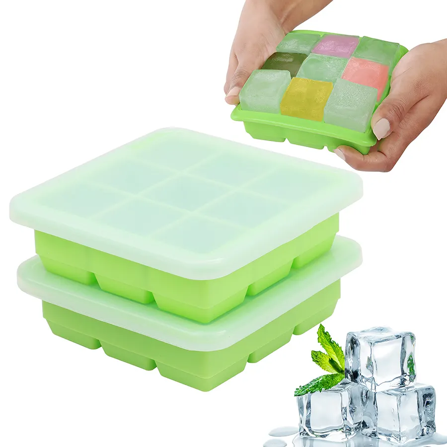 Vente en gros de 9 plateaux de cubes alimentaires de 30ml avec couvercles transparents pour congeler le bac à glaçons pour aliments pour bébés fait maison (lot de 2)