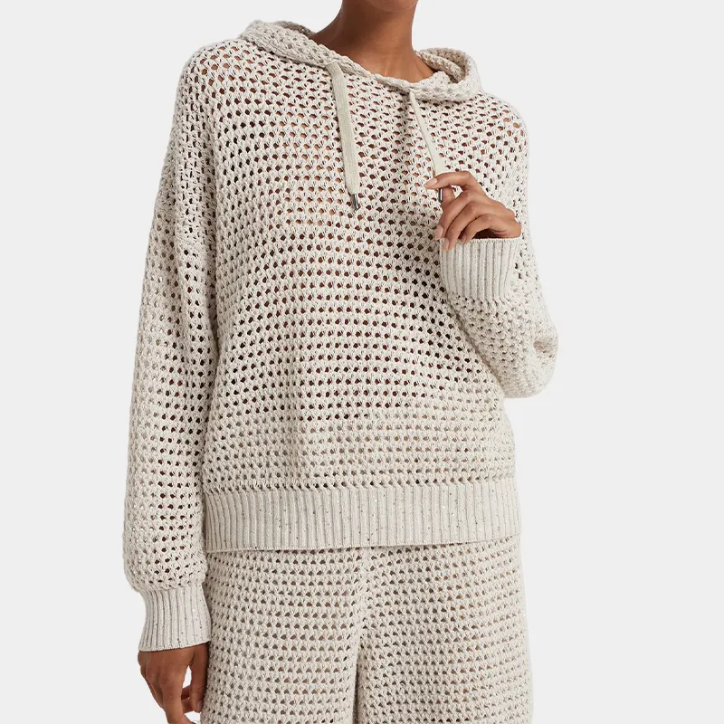 Colección de verano personalizada suéteres de ganchillo de red de algodón con lentejuelas pequeñas de lujo con capucha para damas