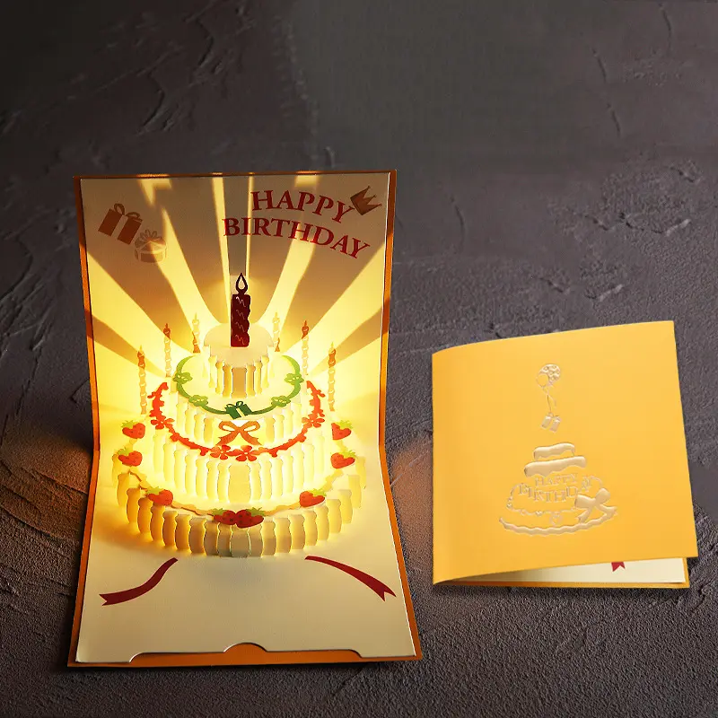 Biglietto di auguri di buon compleanno stampato a 4 colori con musica leggera a LED calda e Design con taglio Laser