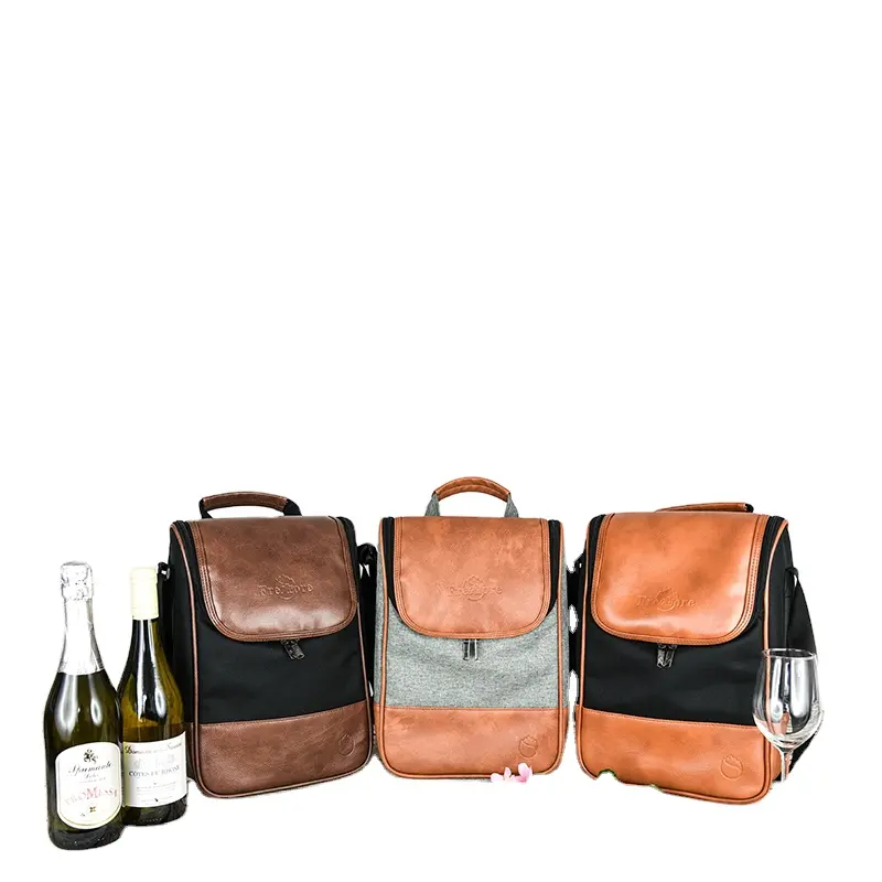 Custom brown PU leather 2 bottle wine carrier Portable Wine Carrier