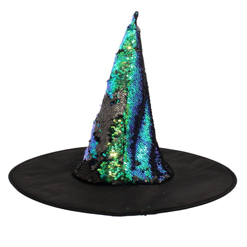 Cappello da strega verde reversibile con paillettes