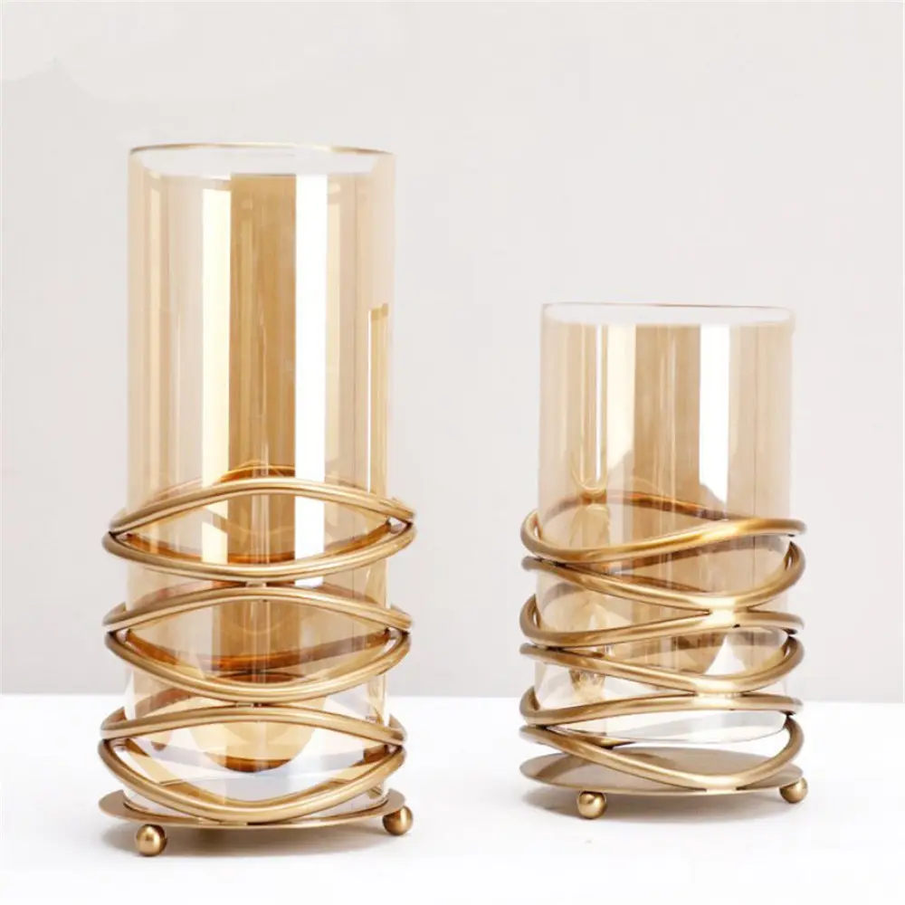 Custom Homeware Metal Craft Candle Holders and Brown Cylindrical Glass Vases for Home Decor