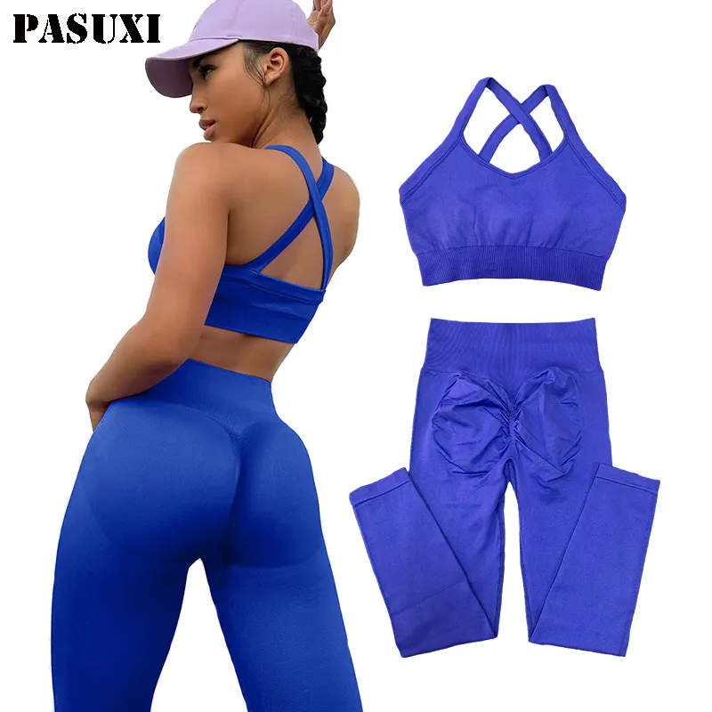 PASUXI-ropa de Yoga para mujer, pantalones de manga larga con tira fluorescente de dos piezas, pantalones de Fitness de cintura alta, ropa deportiva informal