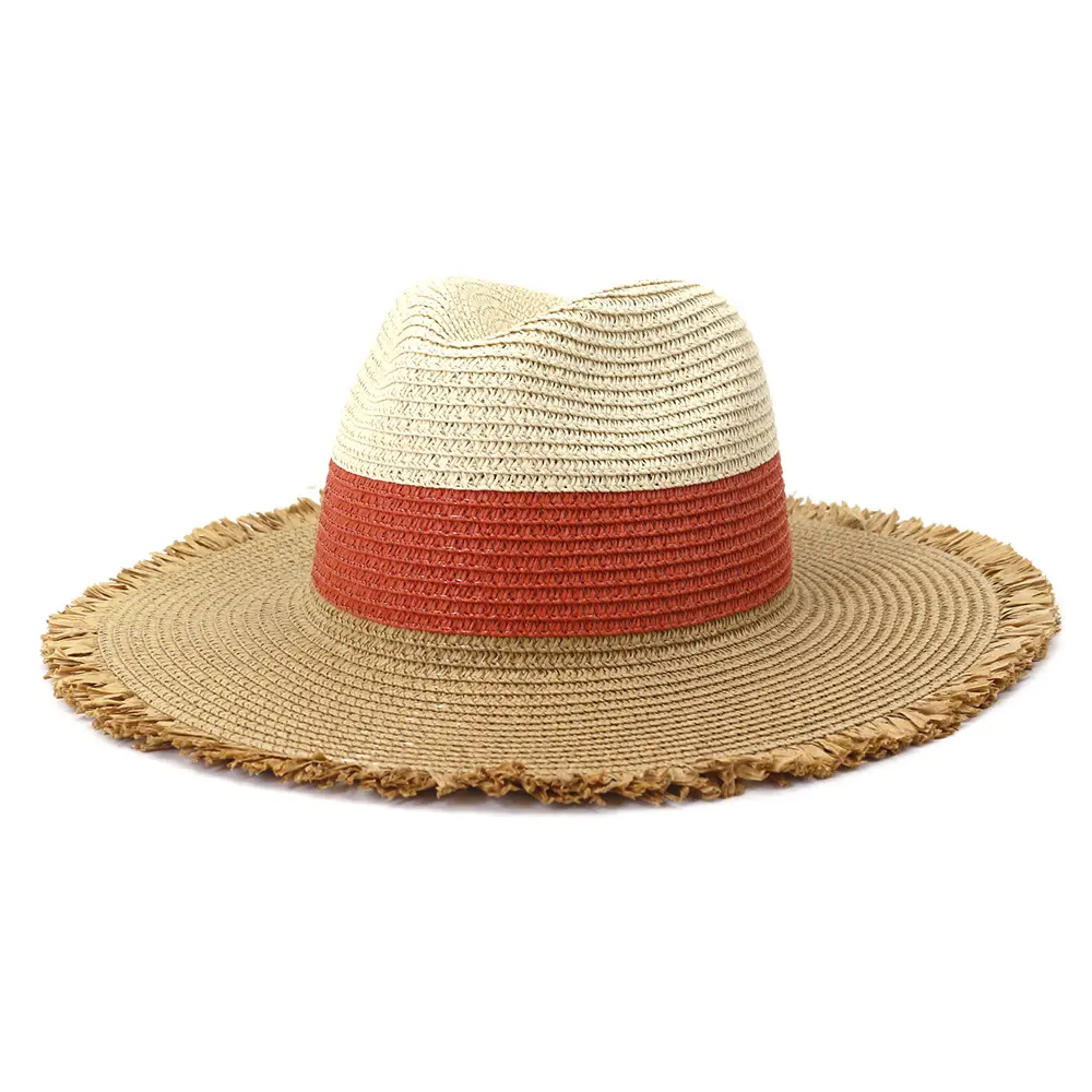 Sombrero de paja de retales Vintage de primavera y verano, sombrero de sol con ala de lana, sombrero plano ancho para mujer