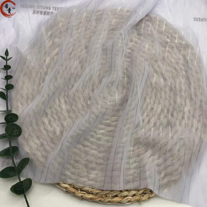 New Arrival 100% Polyester Transparent Breathable Attractive Chiffon Fabric with Golden Stripe for Lady's Dress