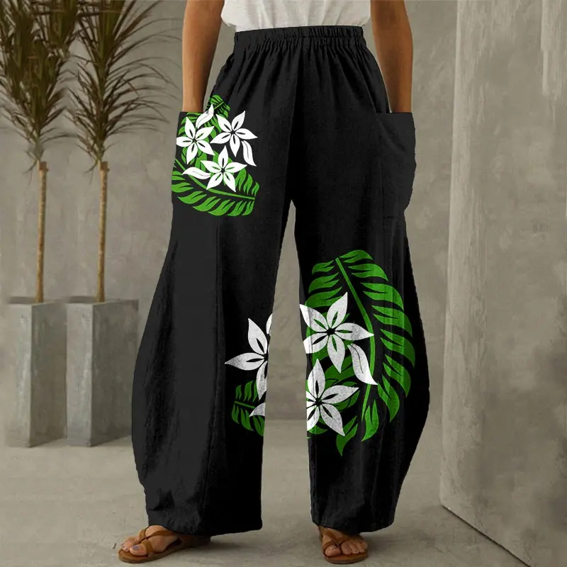 Pantalones hawaianos holgados de talla grande para mujer, pantalones informales con estampado tropical, plumeria y monstera, novedad de 2023