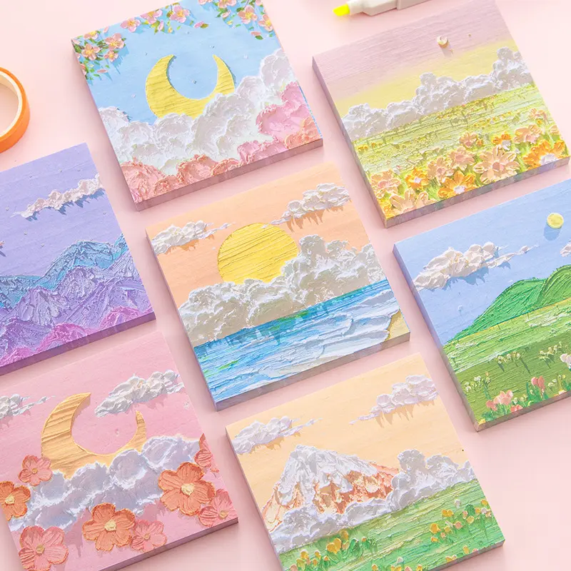 80 unids/pack Ins paisaje pintura al óleo estéreo notas adhesivas bonitas mano cuenta nota papel estilo japonés Bloc de notas