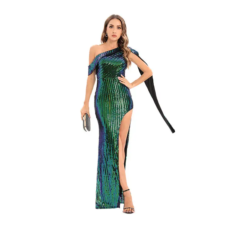 High quality sexy one shoulder sequin fashion dress decorate sleevebodycon slit evening gown dress elegant Best