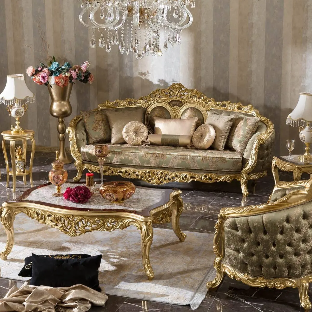 Conjunto de sofá de luxo, 100% entalhe manual, laca de ouro personalizada, antiguidade, sofá de sala de estar