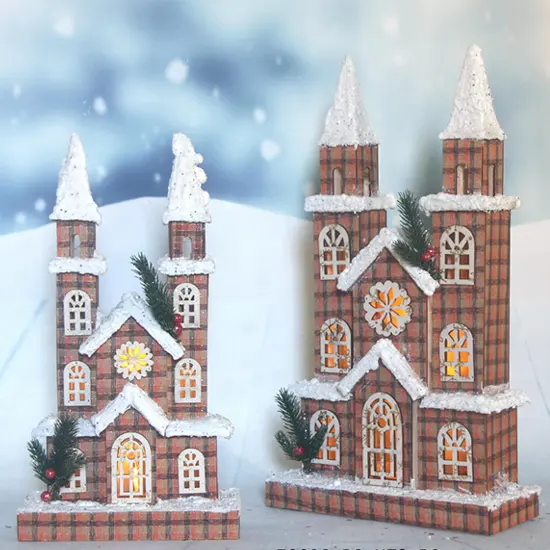 Casa de Navidad clásica casa de pueblo LED Casa de iglesia de madera con pilas para decoración de Navidad