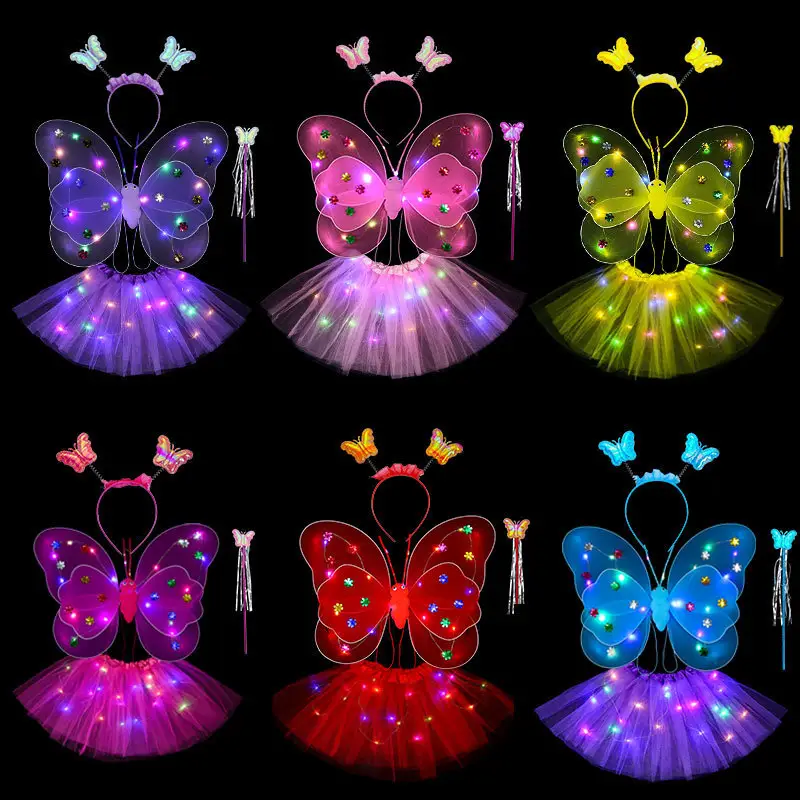 Gloeiende Vlindervleugels Meisje Terug Decoratie Led Flitsende Speelgoed Prachtige Toverstaf Bloem Fee Set Voor Verjaardagsfeestje
