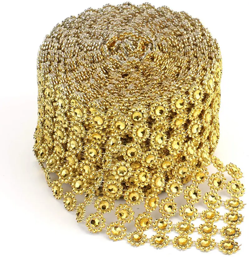 Shiny Oro di Plastica a Forma di Fiore di Diamante Della Maglia Del Nastro Wrap Rhinestone Di Cristallo Della Maglia Del Nastro Per Le Decorazioni