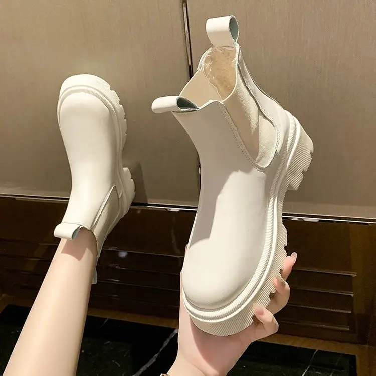 Autumn Winter Chelsea Boots Women Shoes Platform Beige Ankle Boots Short Chunky Punk Ankle Boots