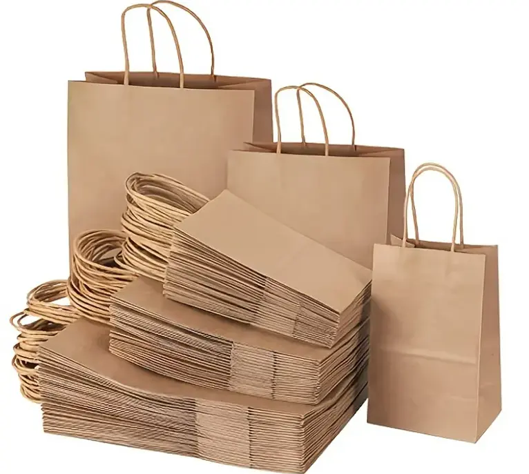 Sacs en papier kraft recyclables à poignée torsadée en gros d'usine sacs d'emballage alimentaire à emporter