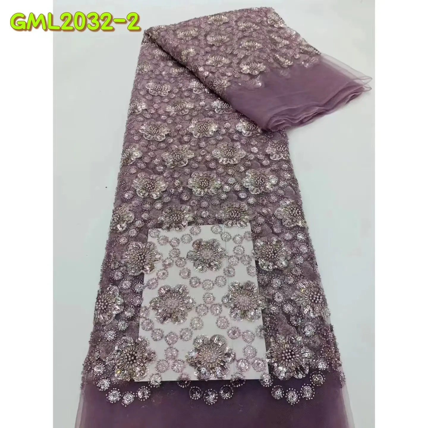 African popular beaded sequin chantilly lace fabric lilac color embroidered korea flowers beading lace with sequence