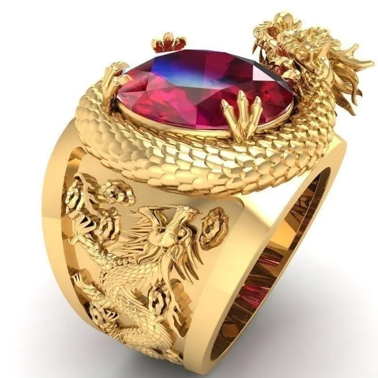 Mode Rode Diamant Ring Double Dragon Spelen Kraal Vorm Ring Vergulde Ringen Voor Mannen Groothandel Leverancier