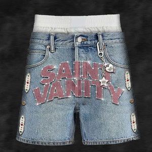 حجر مغسول بالأحجار الكريمة الكريستالية السوداء بلينغ تصميم خاص طول الركبة البضائع فضفاض مضيئة ، Jorts خمر - Product Image 5