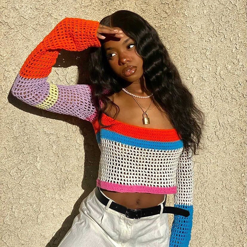 ZJ1327 Knitted Long Sleeve Crop Top Women Beach Y2K Autumn Summer Patchwork Vintage Green Casual T Shirts Sexy Fashion