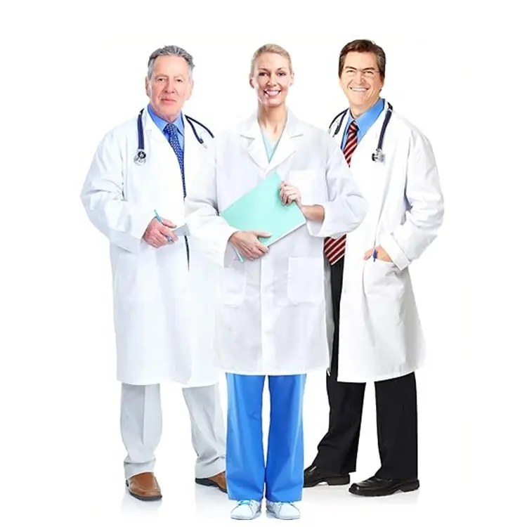 Casacos de laboratório médico unissex com três bolsos e rolhas de botão, manga comprida, para homens e mulheres, brancos