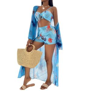 Toptan kadınlar yaz Beachwear Maillots De Bain Et önbellek 3 parça plaj mayolar şifon Bikini mayo ve Cover Up
