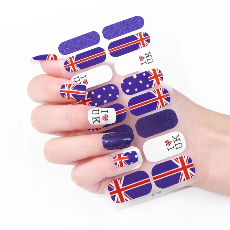 Étiquette privée emballage complet retrait facile motif de drapeau britannique 100% vrai vernis à ongles art bande autocollant joint logo marque décoration
