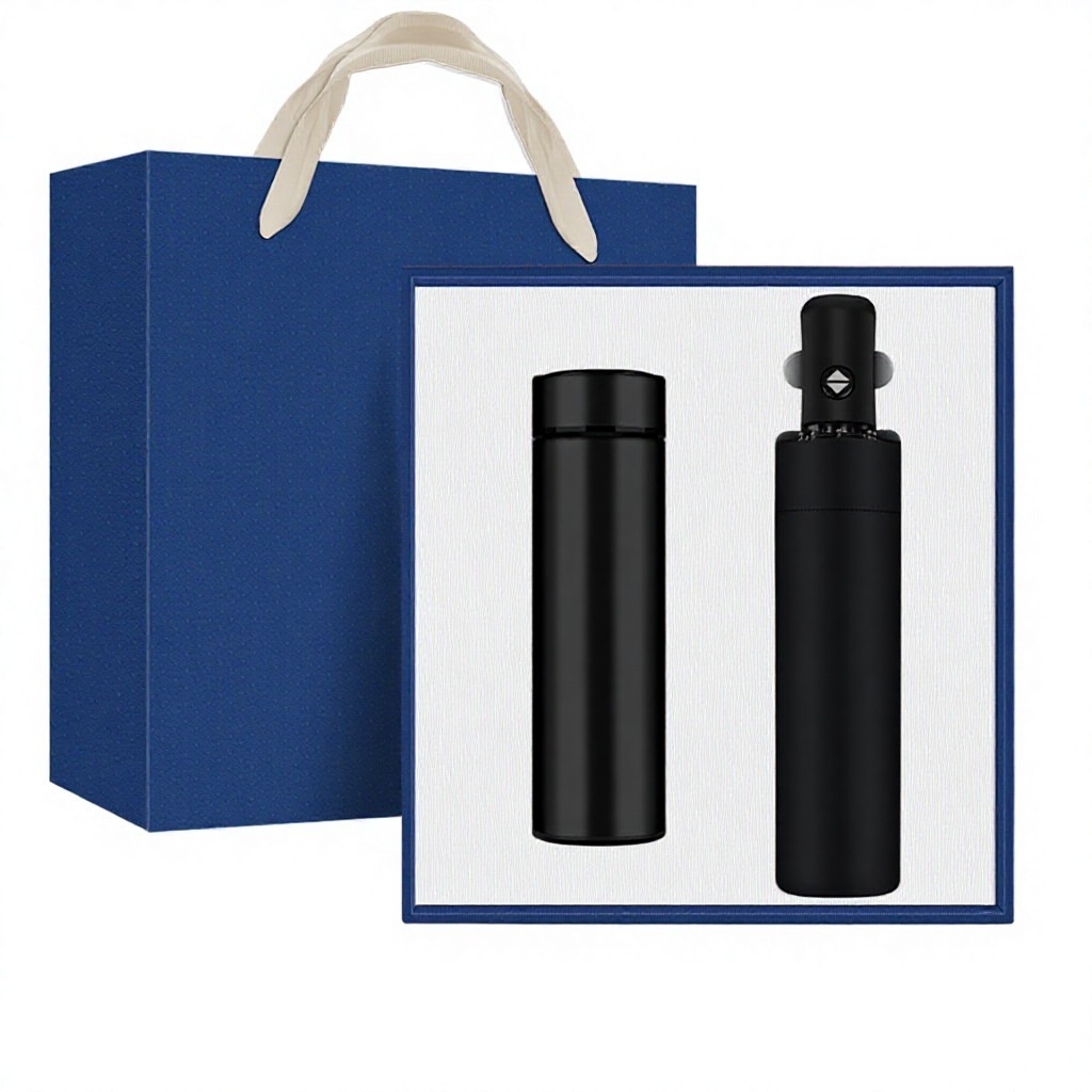 Termo y paraguas - negro - caja de regalo retráctil