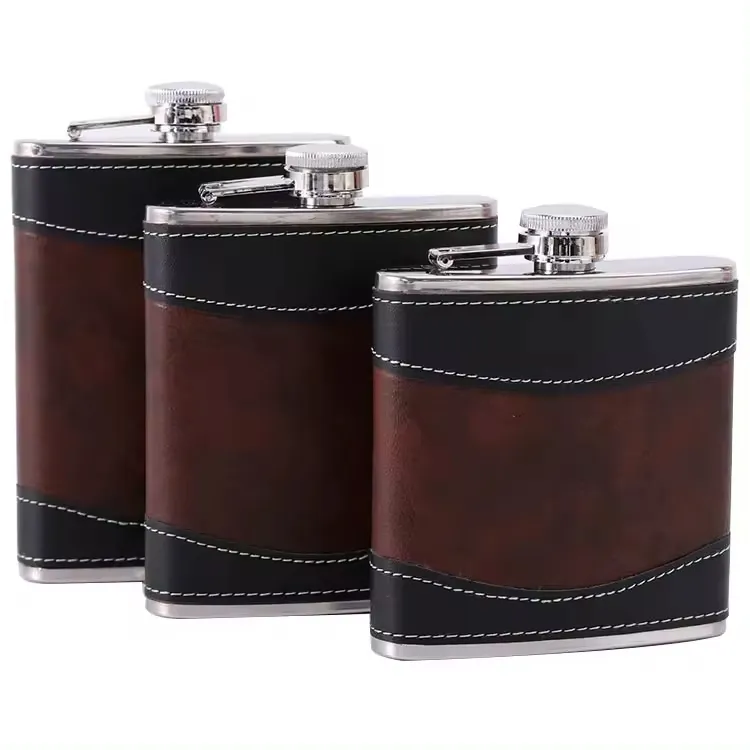 Factory Wholesale 6 7 8 oz Liquor Alcohol Pocket Flask Stainless Steel Leather Hip Flask and hip flask gift set
