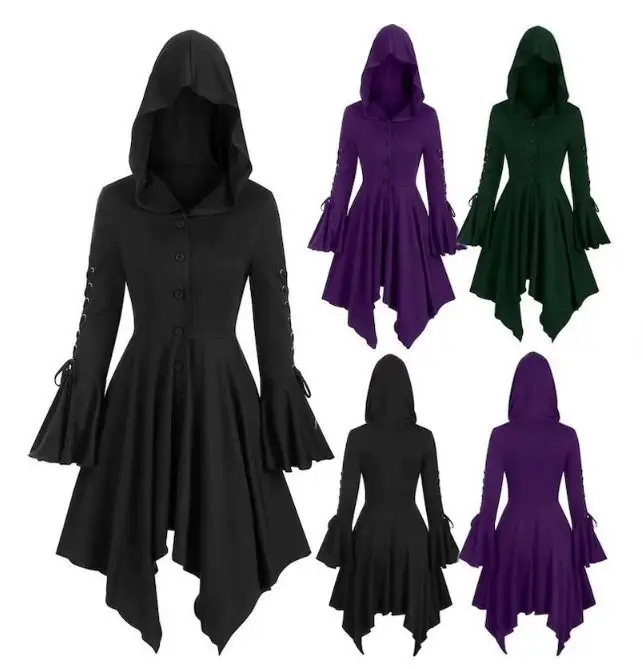 ملابس تنكرية للنساء من Coldker, عباءة سوداء من عصر النهضة القرون الوسطى تأثيري القوطية أزياء للنساء فستان الساحرة ملابس العصور الوسطى مقنعين اللباس