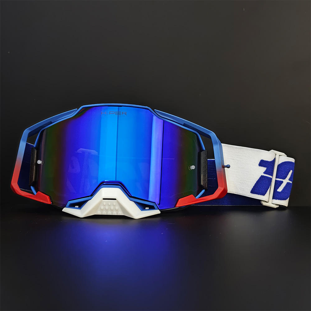 Red and blue framed glasses with blue lenses