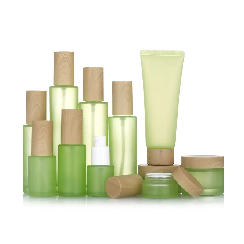 Wholesale Light Green Frosted Glass Cosmetic Packaging Sets Cream Jar Glass Bottle For Toner Lotion With Bamboo Lid