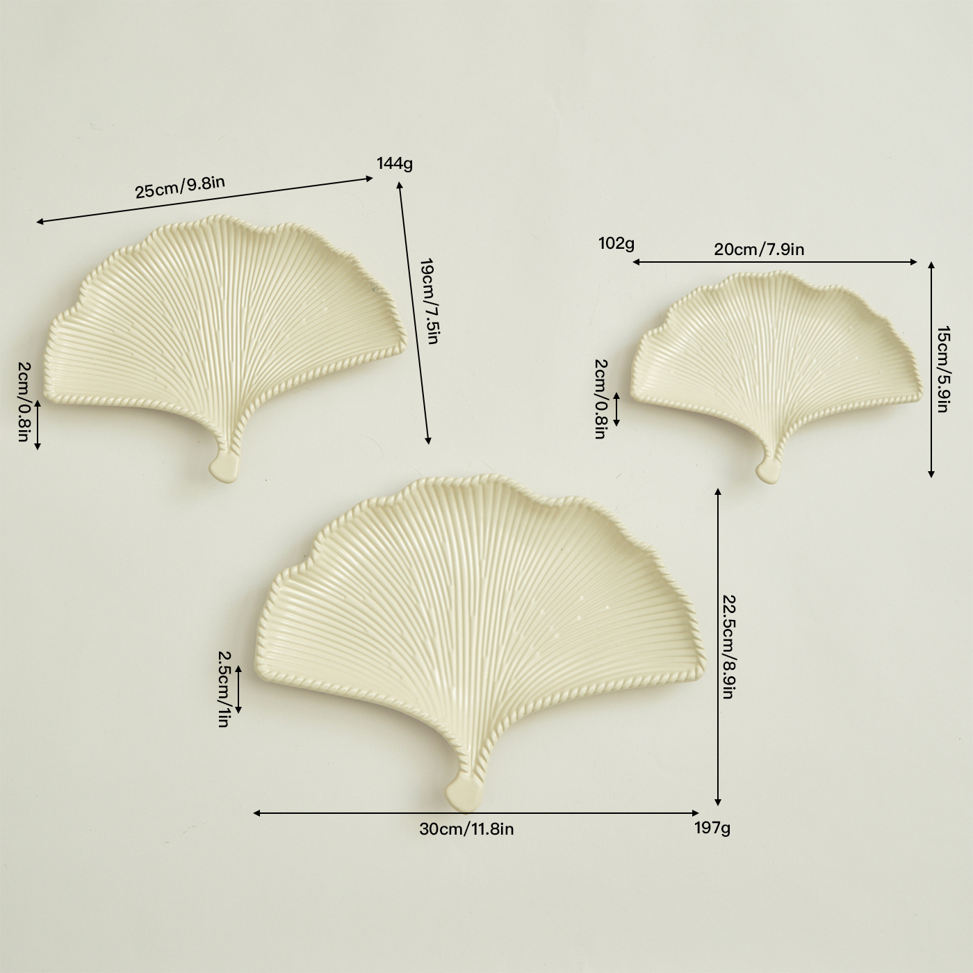 Ginkgo leaf tray set of three - cream white