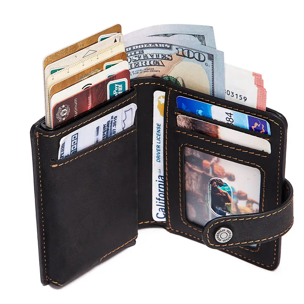 TS personalizado Smart Wallet RFID cuero genuino tarjetero aleación de aluminio automático Metal Pop Up Card Case