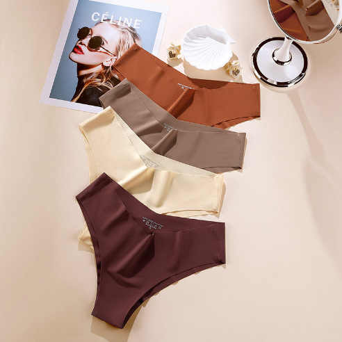 Women Seamless Briefs Sexy V-Waist Underwear Solid Colors Ice Silk No Trace Panties Female Breathable Intimates Lingerie