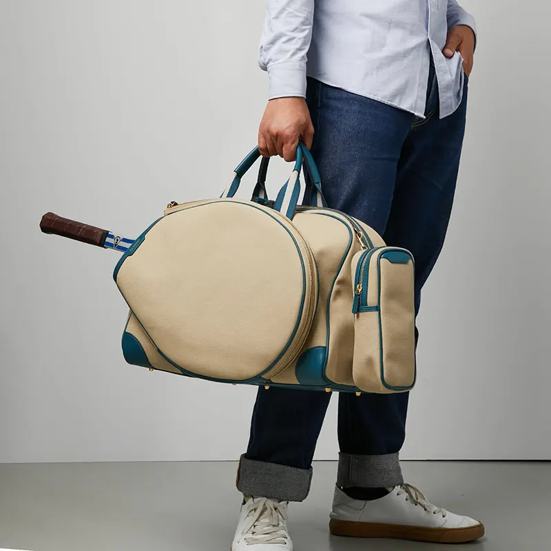 حقيبة مضرب كبيرة مقاومة للماء بشعار مخصص من المصنع ، حقيبة كرة تنس ، حقيبة بيكلبول قماشية مع زخارف جلدية