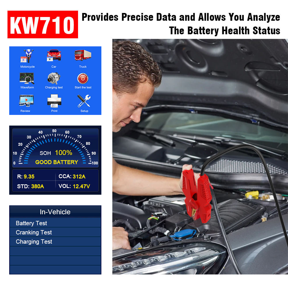 Jiwei-probador de batería inteligente digital, 12v, nueva tecnología, comprobador de habilidad de arranque de coche KW710, directo de fábrica