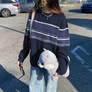 韩式女式针织圆领毛衣上衣简约时尚带条纹休闲街头度假风格新款现款 - Product Image 2