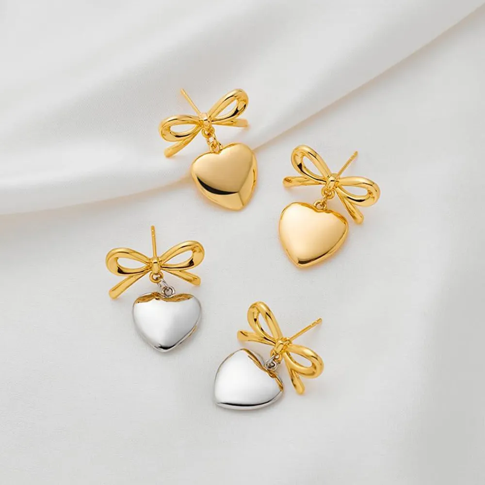 Pendientes colgantes de lazo de corazón de oro romántico dulce con textura metálica de moda para regalo de San Valentín