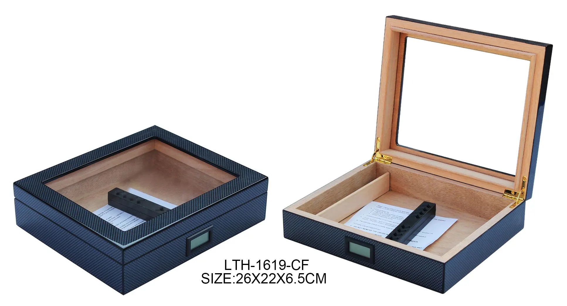कस्टम लोगो ग्लास सिगार खाली बॉक्स लकड़ी डिस्प्ले केस डेस्कटॉप ब्लैंक ह्यूमिडोर डिजिटल हाइग्रोमीटर