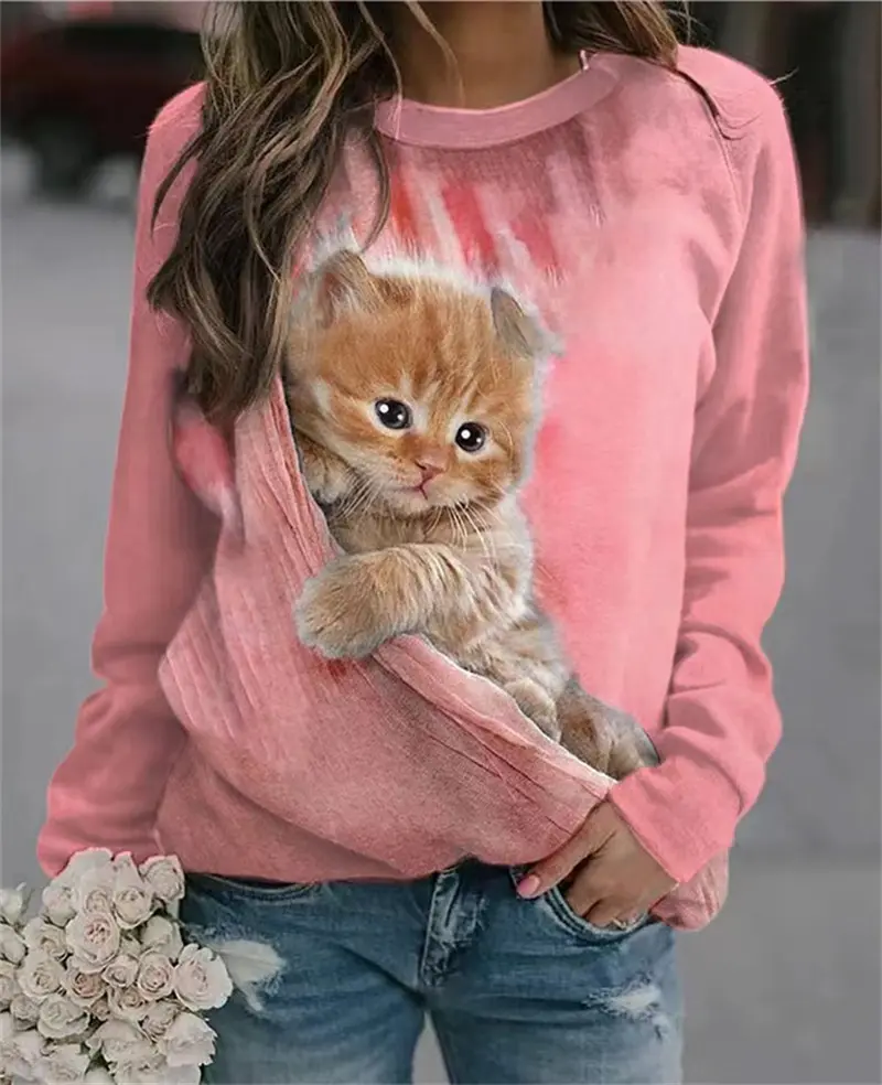Primavera e verão hoodie animal gato solto 3D impressão digital de manga comprida crewneck hoodie das mulheres
