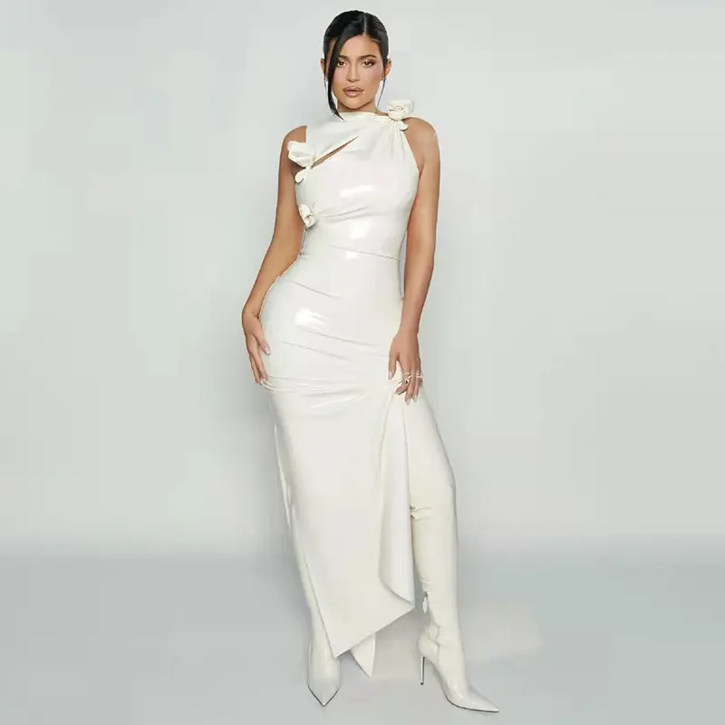 Vestido de fiesta de gala elegante y de alta calidad para mujer, vestido de cuero PU para mujer, vestido blanco