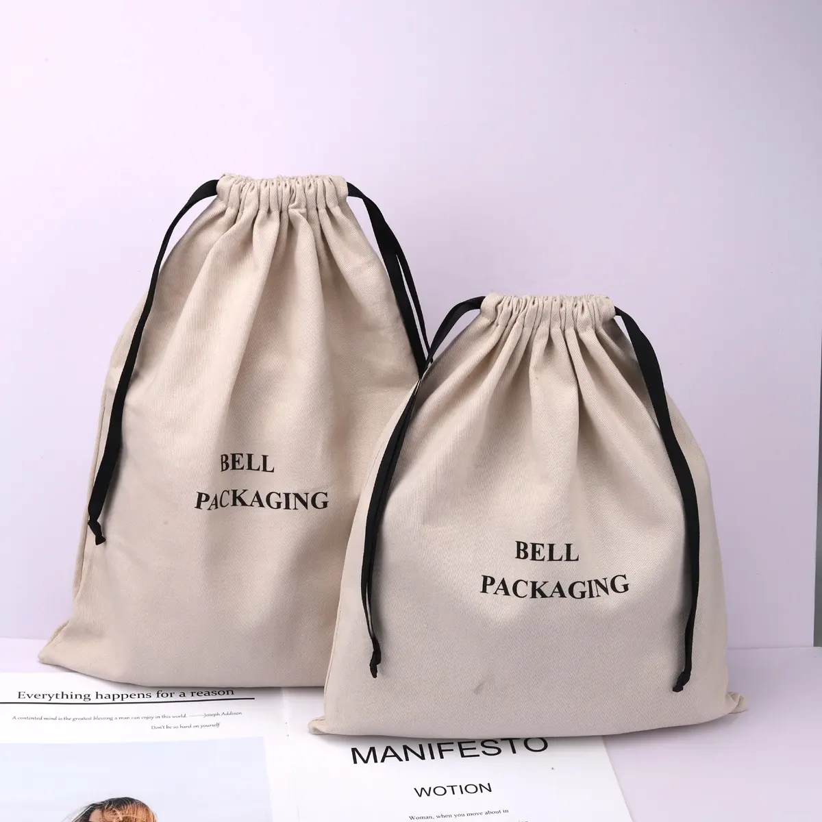 Logotipo personalizado Impressão Bege Cor Drawstring Algodão Twill Dust Pouch Promoção Presente Algodão Shopping Shoe Bag