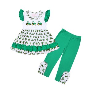 2025 Puresun最新贴花女孩春季<span class=keywords><strong>Capris</strong></span>套装花朵刺绣女孩服装套装圆点皱褶儿童服装