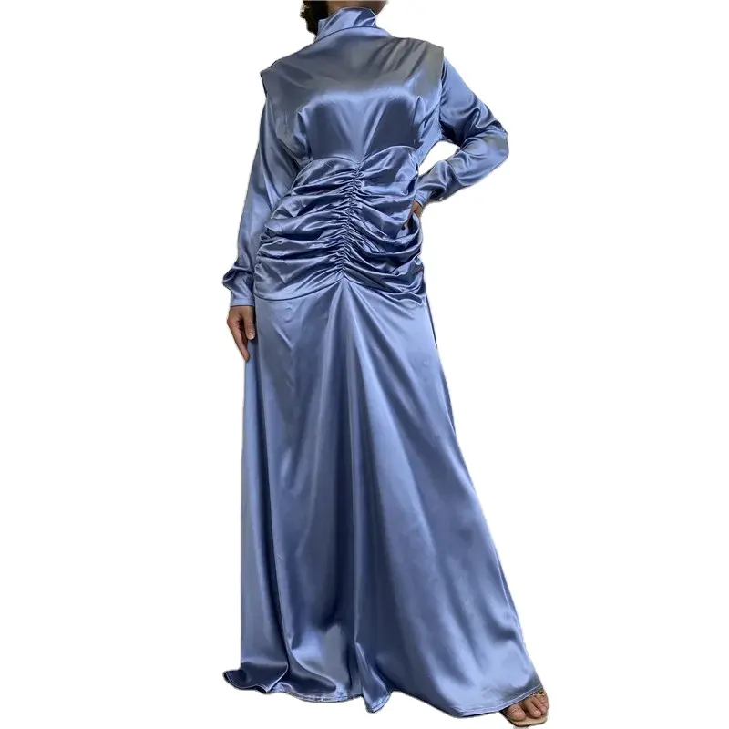 Nuevo satén musulmán Abaya elegante vestido drapeado turco cuello alto Kaftan vestido Color sólido bata cintura pliegue Maxi vestido