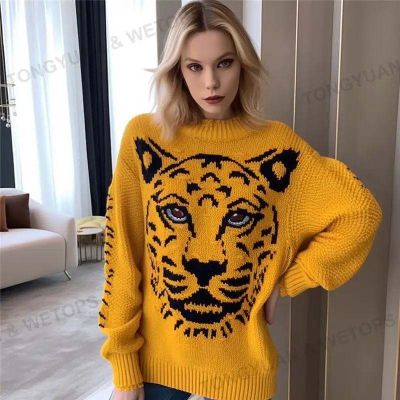 2023 all'ingrosso prezzo di fabbrica giallo cavo a maglia leopardo maglioni lunghi per le signore 2023 caldo popolare caldo maglione