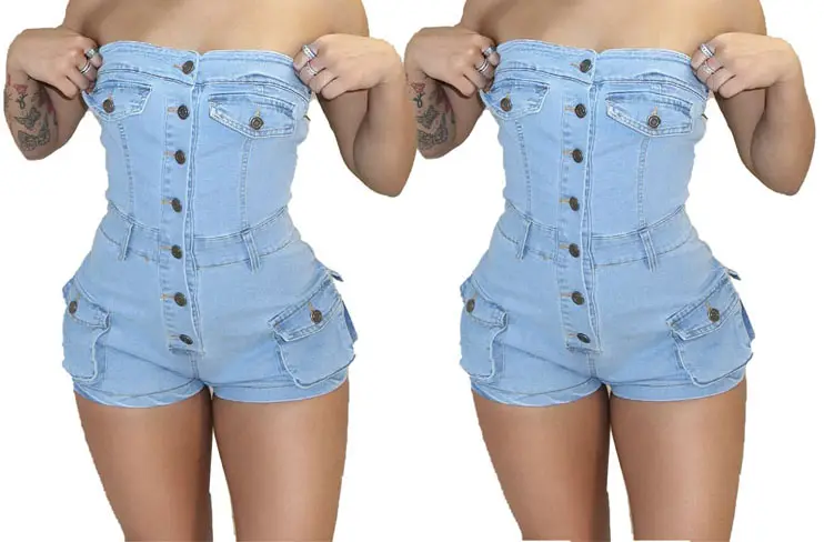 2014 verano Mujer Jeans mamelucos elásticos fuera del hombro Slim Fit monos señoras Sexy Denim Bodysuits mamelucos mujeres monos