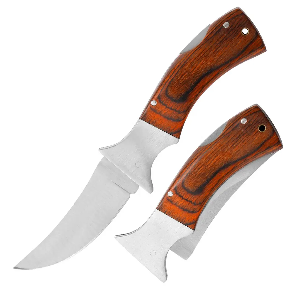 Cuchillo de bolsillo con hoja curva, mango de madera plegable